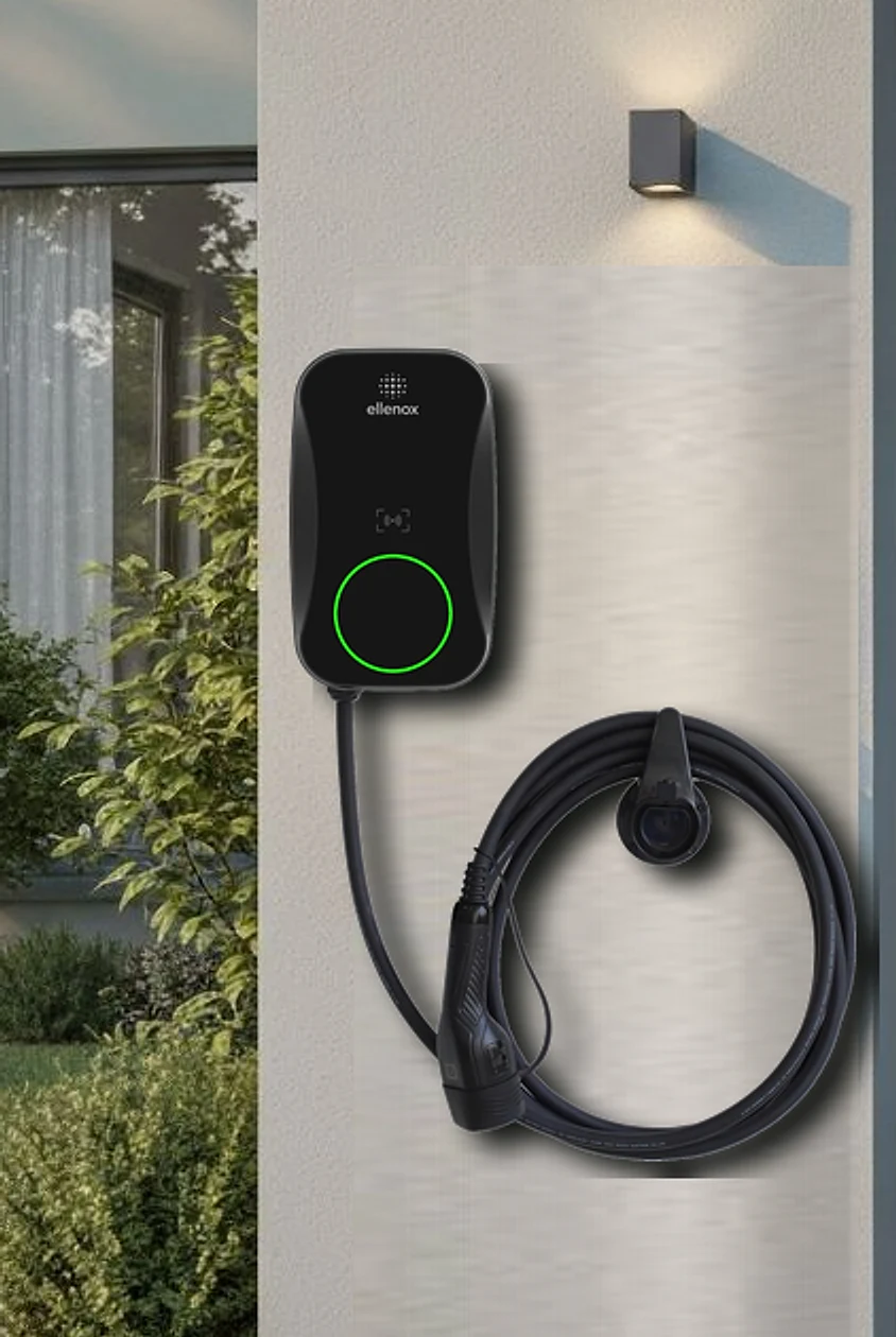 Ellenox Model 1 smart EV charger installed on the wall of a house